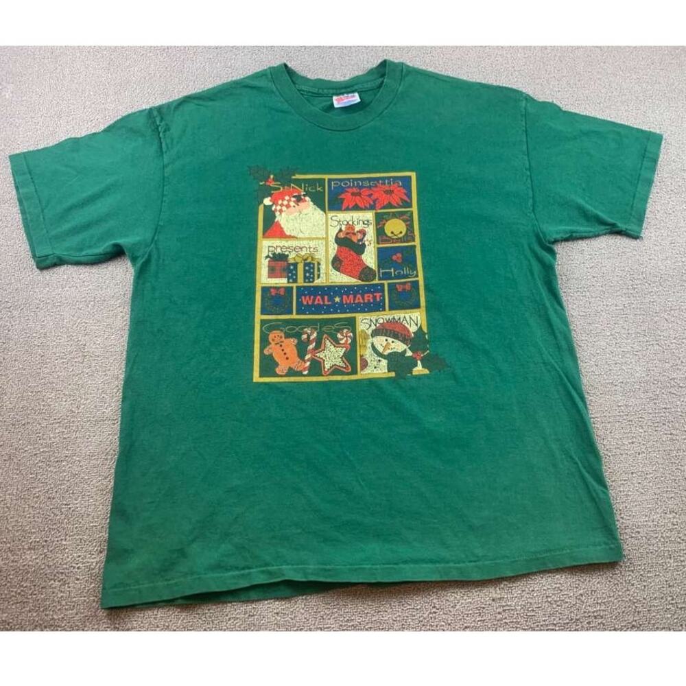 Rare Vintage 90s‎ Wal-Mart Christmas T-Shirt Hanes Heavyweight Green XL USA Made